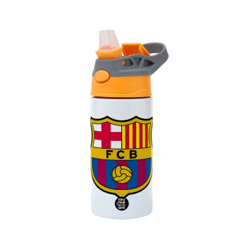 Barcelona FC, Children's hot water bottle, stainless steel, with safety straw, Orange/Grey (360ml) BPA-FREE