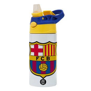 Barcelona FC, Children's hot water bottle, stainless steel, with safety straw, green, blue (360ml) BPA FREE