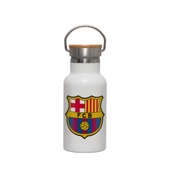 Barcelona FC, Metallic thermos (Stainless steel) White with wooden lid (bamboo), double-walled, 350ml