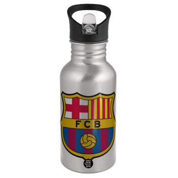 Barcelona FC, Water bottle Silver with straw, stainless steel 500ml