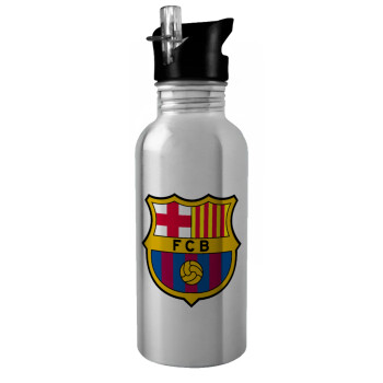 Barcelona FC, Παγούρι νερού Ασημένιο με καλαμάκι, ανοξείδωτο ατσάλι 600ml