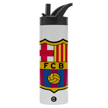 Barcelona FC, Μεταλλικό παγούρι θερμός με καλαμάκι & χειρολαβή, ανοξείδωτο ατσάλι (Stainless steel 304), διπλού τοιχώματος, 600ml