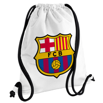 Barcelona FC, Τσάντα πλάτης πουγκί GYMBAG λευκή, με τσέπη (40x48cm) & χονδρά κορδόνια