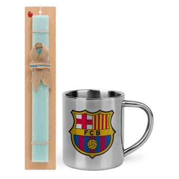 Barcelona FC, Easter Set, metallic thermal cup (300ml) & aromatic flat Easter candle (30cm) (TURQUOISE)