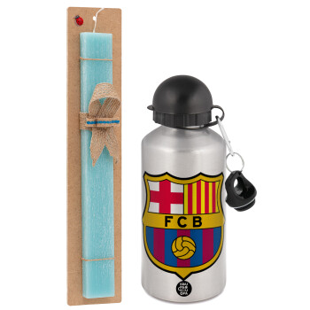 Barcelona FC, Easter Set, metallic silver aluminum water bottle (500ml) & scented flat Easter candle (30cm) (TURQUOISE)