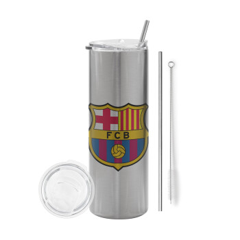 Barcelona FC, Eco friendly stainless steel Silver tumbler 600ml, with metal straw & cleaning brush