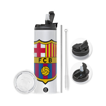 Barcelona FC, Travel Tumbler θερμό με διπλό καπάκι, μεταλλικό καλαμάκι και βούρτσα καθαρισμού (Ανωξείδωτο 304 Food grade, BPA free, 600ml)