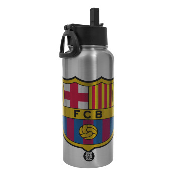 Barcelona FC, Μεταλλικό παγούρι θερμός Silver με καλαμάκι και χερούλι (Stainless steel), διπλού τοιχώματος, 950ml