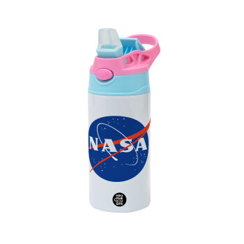 Nasa, Children's hot water bottle, stainless steel, with safety straw, Pink/BlueCiel (360ml) BPA FREE