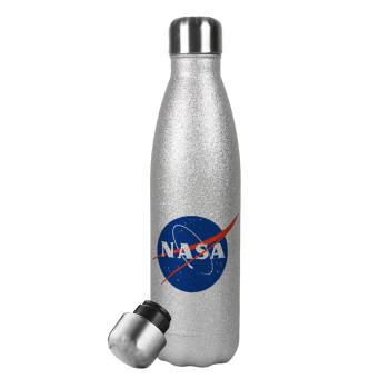 Nasa, Μεταλλικό παγούρι θερμός Glitter Aσημένιο (Stainless steel), διπλού τοιχώματος, 500ml