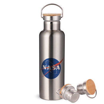 Nasa, Μεταλλικό παγούρι θερμός (Stainless steel) Ασημένιο με ξύλινο καπακι (bamboo), διπλού τοιχώματος, 750ml