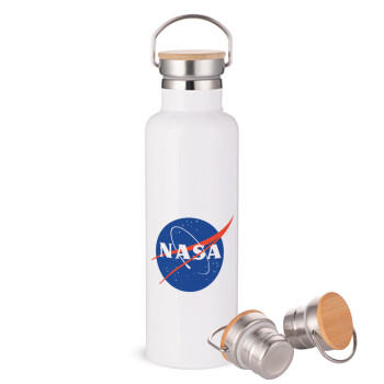 Nasa, Μεταλλικό παγούρι θερμός (Stainless steel) Λευκό με ξύλινο καπακι (bamboo), διπλού τοιχώματος, 750ml