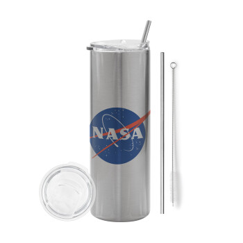 Nasa, Eco friendly stainless steel Silver tumbler 600ml, with metal straw & cleaning brush