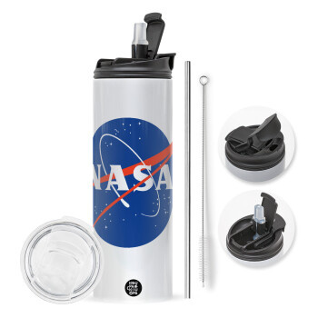 Nasa, Travel Tumbler θερμό με διπλό καπάκι, μεταλλικό καλαμάκι και βούρτσα καθαρισμού (Ανωξείδωτο 304 Food grade, BPA free, 600ml)