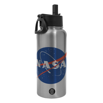 Nasa, Μεταλλικό παγούρι θερμός Silver με καλαμάκι και χερούλι (Stainless steel), διπλού τοιχώματος, 950ml