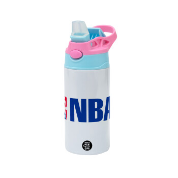 NBA, Children's hot water bottle, stainless steel, with safety straw, Pink/BlueCiel (360ml) BPA FREE