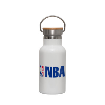 NBA, Μεταλλικό παγούρι θερμός (Stainless steel) Λευκό με ξύλινο καπακι (bamboo), διπλού τοιχώματος, 350ml