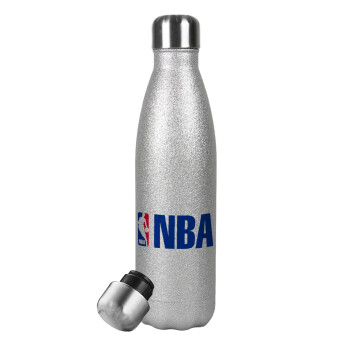 NBA, Μεταλλικό παγούρι θερμός Glitter Aσημένιο (Stainless steel), διπλού τοιχώματος, 500ml