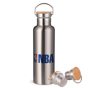NBA, Stainless steel Silver with wooden lid (bamboo), double wall, 750ml