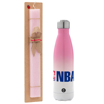 NBA, Easter Set, Metallic pink/white (Stainless steel) thermos, double-walled, 500ml & aromatic flat Easter candle (30cm) (PINK)