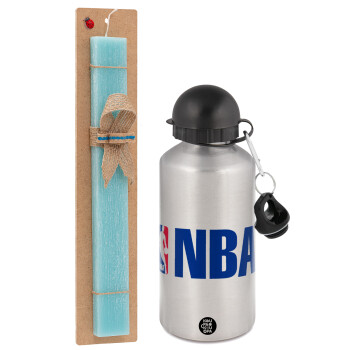 NBA, Easter Set, metallic silver aluminum water bottle (500ml) & scented flat Easter candle (30cm) (TURQUOISE)