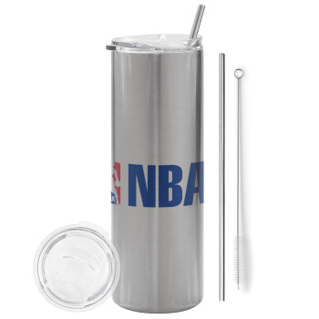 NBA, Tumbler stainless steel Silver 600ml, with metal straw & cleaning brush