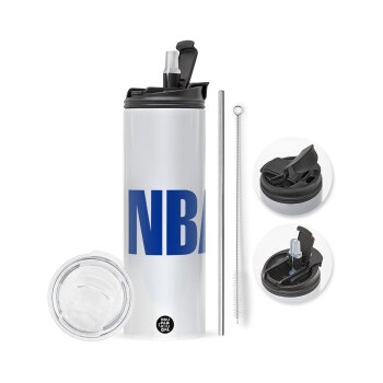 NBA, Travel Tumbler θερμό με διπλό καπάκι, μεταλλικό καλαμάκι και βούρτσα καθαρισμού (Ανωξείδωτο 304 Food grade, BPA free, 600ml)