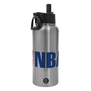 NBA, Metal mug thermo Silver with Straw and Spout Lid (Stainless steel), double wall, 950ml