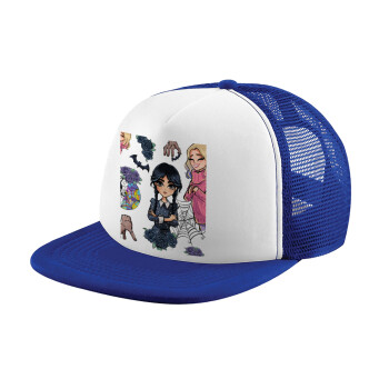 Wednesday and Enid Sinclair, Adult Soft Trucker Hat with Blue/White Mesh (POLYESTER, ADULT, UNISEX, ONE SIZE)