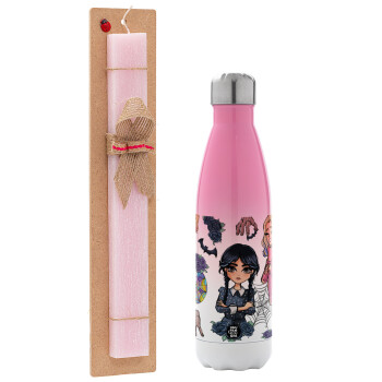 Wednesday and Enid Sinclair, Easter Set, Metallic pink/white (Stainless steel) thermos, double-walled, 500ml & aromatic flat Easter candle (30cm) (PINK)