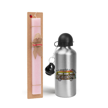 Outerbanks Pogue Life, Easter Set, metallic Silver aluminum water bottle (500ml) & scented flat Easter candle (30cm) (PINK)