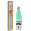 Easter Set, Metallic green/white thermos (Stainless steel), double-walled, 500ml & scented flat Easter candle (30cm) (TURQUOISE)