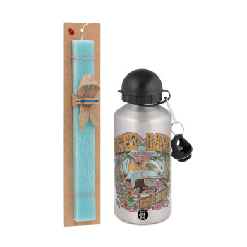 Outerbanks paradise on earth, Easter Set, metallic silver aluminum water bottle (500ml) & scented flat Easter candle (30cm) (TURQUOISE)