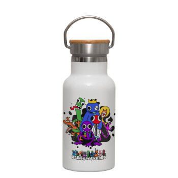 Rainbow friends, Metallic thermos (Stainless steel) White with wooden lid (bamboo), double-walled, 350ml