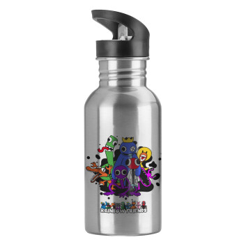 Rainbow friends, Water bottle Silver with straw, stainless steel 600ml