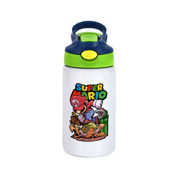 Super mario Jump, Children's hot water bottle, stainless steel, with safety straw, green, blue (350ml)