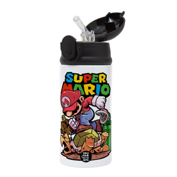 Super mario Jump, Children's hot water bottle, stainless steel, with safety straw, Black (360ml) BPA-FREE