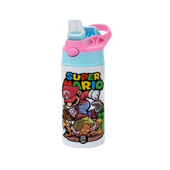 Super mario Jump, Children's hot water bottle, stainless steel, with safety straw, Pink/BlueCiel (360ml) BPA FREE