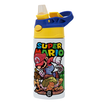 Super mario Jump, Children's hot water bottle, stainless steel, with safety straw, green, blue (360ml) BPA FREE