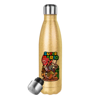 Super mario Jump, Μεταλλικό παγούρι θερμός Glitter χρυσό (Stainless steel), διπλού τοιχώματος, 500ml