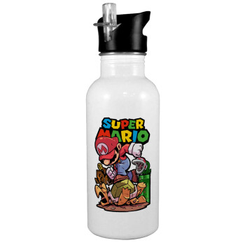 Super mario Jump, White water bottle with straw, stainless steel 600ml