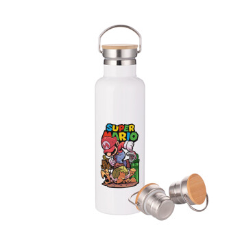 Super mario Jump, Stainless steel White with wooden lid (bamboo), double wall, 750ml