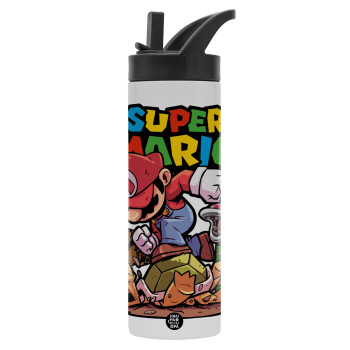 Super mario Jump, Metallic thermos bottle with straw & handle, stainless steel (Stainless steel 304), double-walled, 600ml.