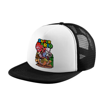 Super mario Jump, Adult Soft Trucker Hat with Black/White Mesh (POLYESTER, ADULT, UNISEX, ONE SIZE)