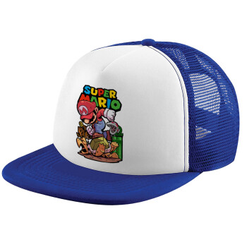 Super mario Jump, Adult Soft Trucker Hat with Blue/White Mesh (POLYESTER, ADULT, UNISEX, ONE SIZE)