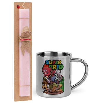 Super mario Jump, Easter Set, metallic thermal cup (300ml) & aromatic flat Easter candle (30cm) (PINK)