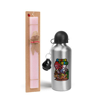 Super mario Jump, Easter Set, metallic Silver aluminum water bottle (500ml) & scented flat Easter candle (30cm) (PINK)