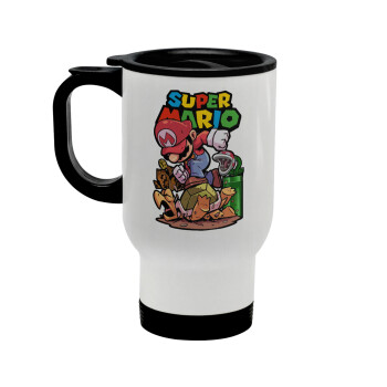 Super mario Jump, Stainless steel travel mug with lid, double wall white 450ml