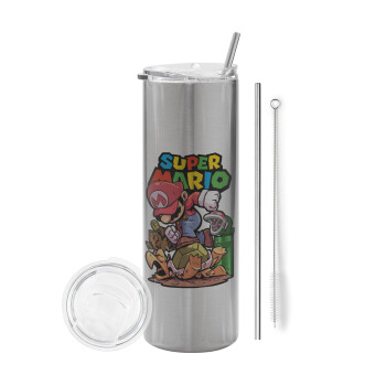 Super mario Jump, Tumbler stainless steel Silver 600ml, with metal straw & cleaning brush