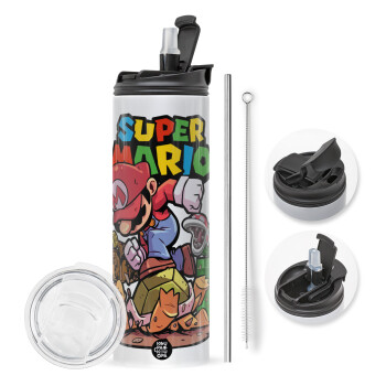 Super mario Jump, Travel Tumbler θερμό με διπλό καπάκι, μεταλλικό καλαμάκι και βούρτσα καθαρισμού (Ανωξείδωτο 304 Food grade, BPA free, 600ml)